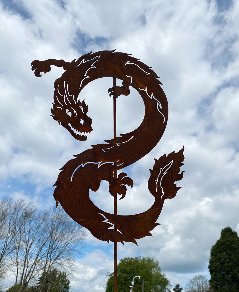 Gartenfigur Drache schlängelnd 60x46cm + Stab Edelrost Gartenstecker Wetterfest Rost Metall Rostfigur Schlange Drachen Figur Dragon