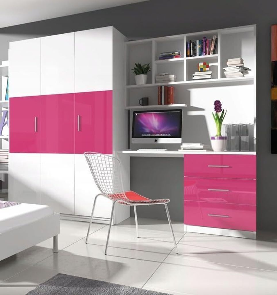 Jugendmöbel TOMI 3 Schrank/Regal mit Schreibtisch Kindermöbel Hochglanz Jugendzimmer (Weiß / Rosa)