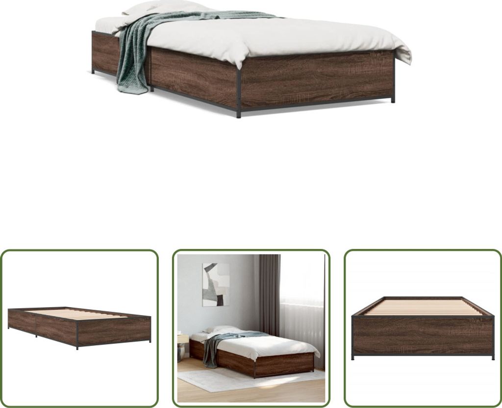 The Living Store Bettgestell Braun Eichen-Optik 90x190 cm Holzwerkstoff Metall