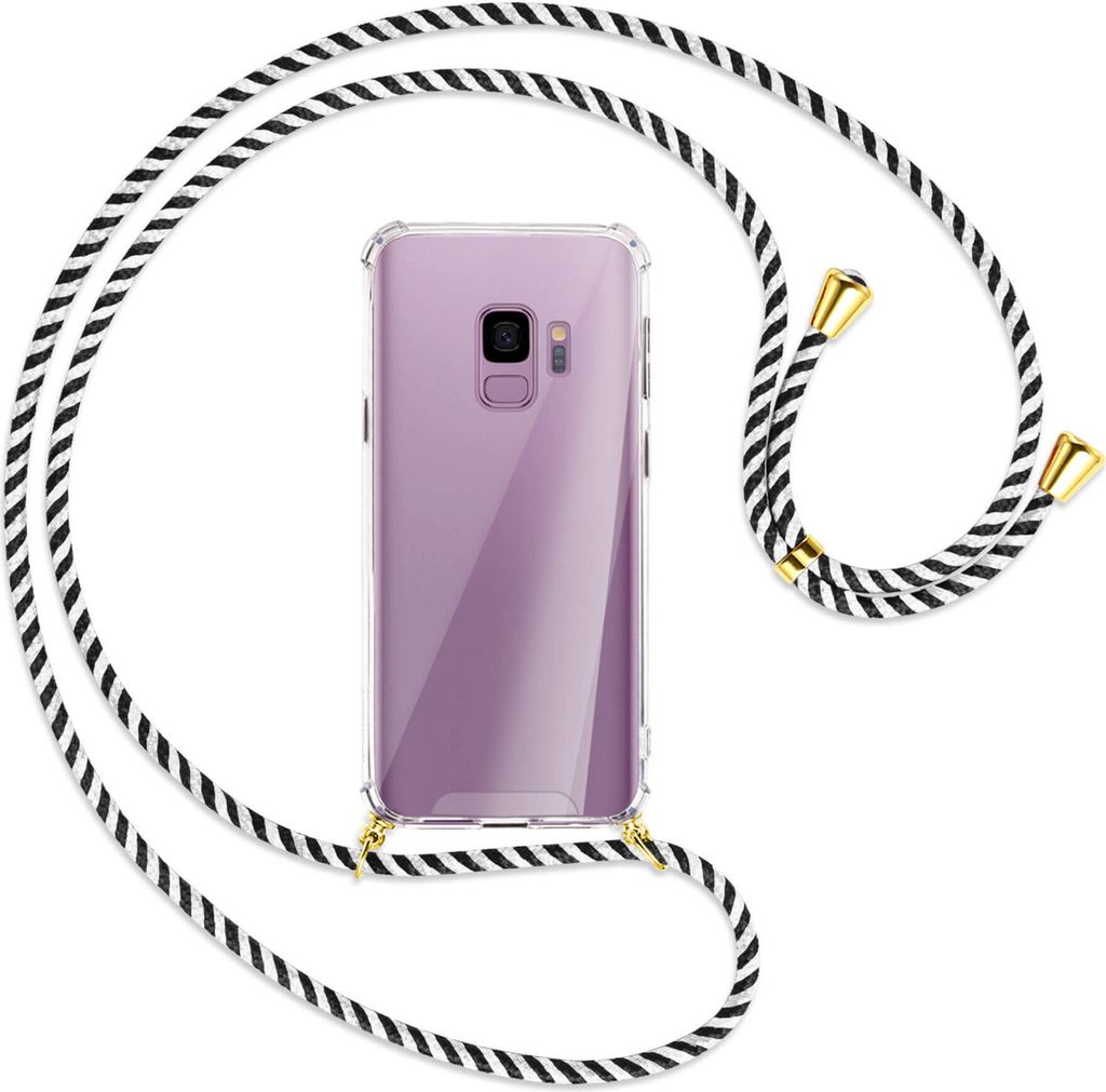 Handykette Backcover-Schutzhülle mit Band (Metall goldfarben) für Samsung Galaxy S9 - schwarz/weiß gestreift
