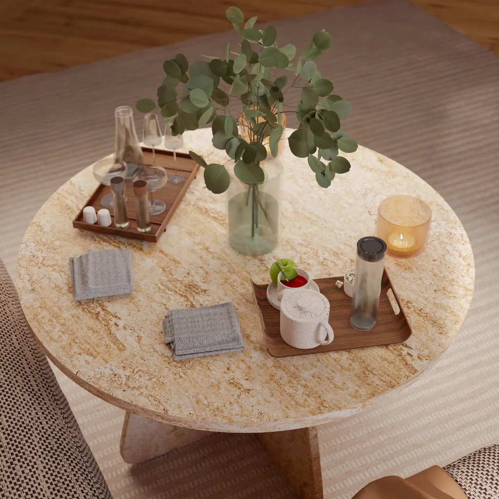 Table basse 58x58 cm aspect travertin beige structure MDF robuste salon - 9