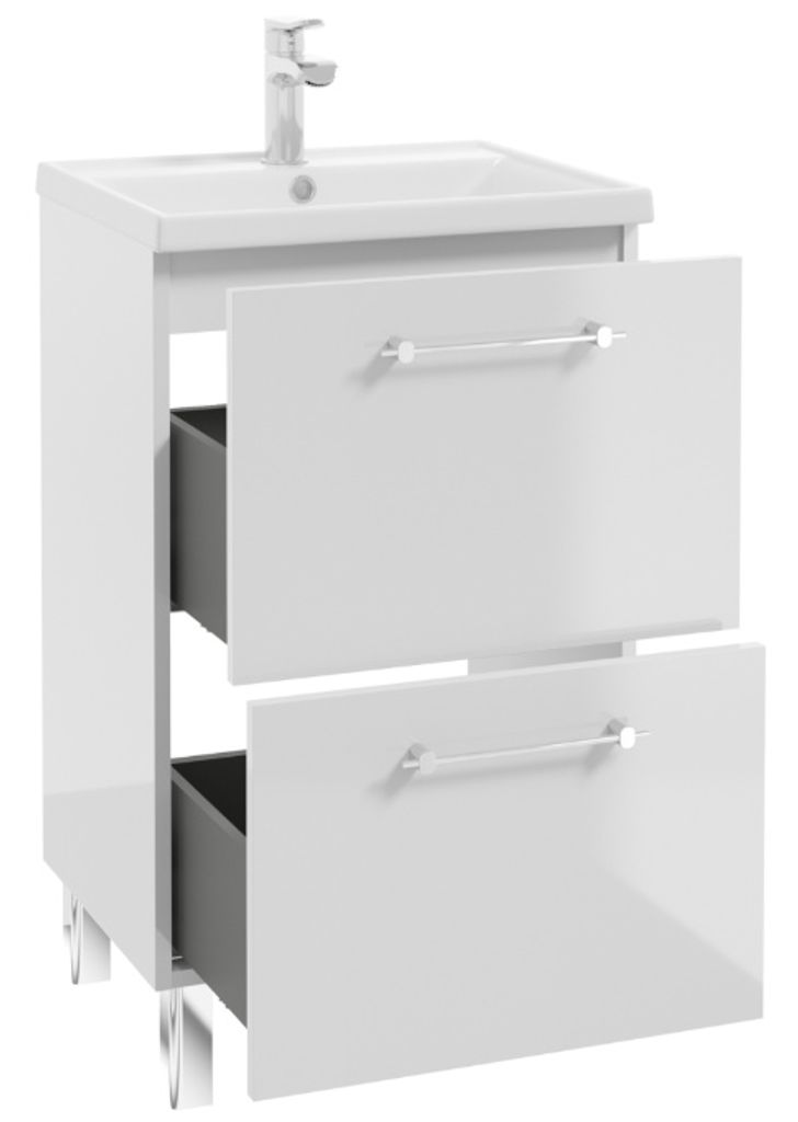 A white bathroom vanity cabinet with a sink and faucet, with two drawers partially open.