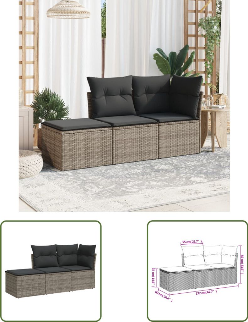 The Living Store 3-tlg. Garten-Sofagarnitur mit Kissen Grau Poly Rattan