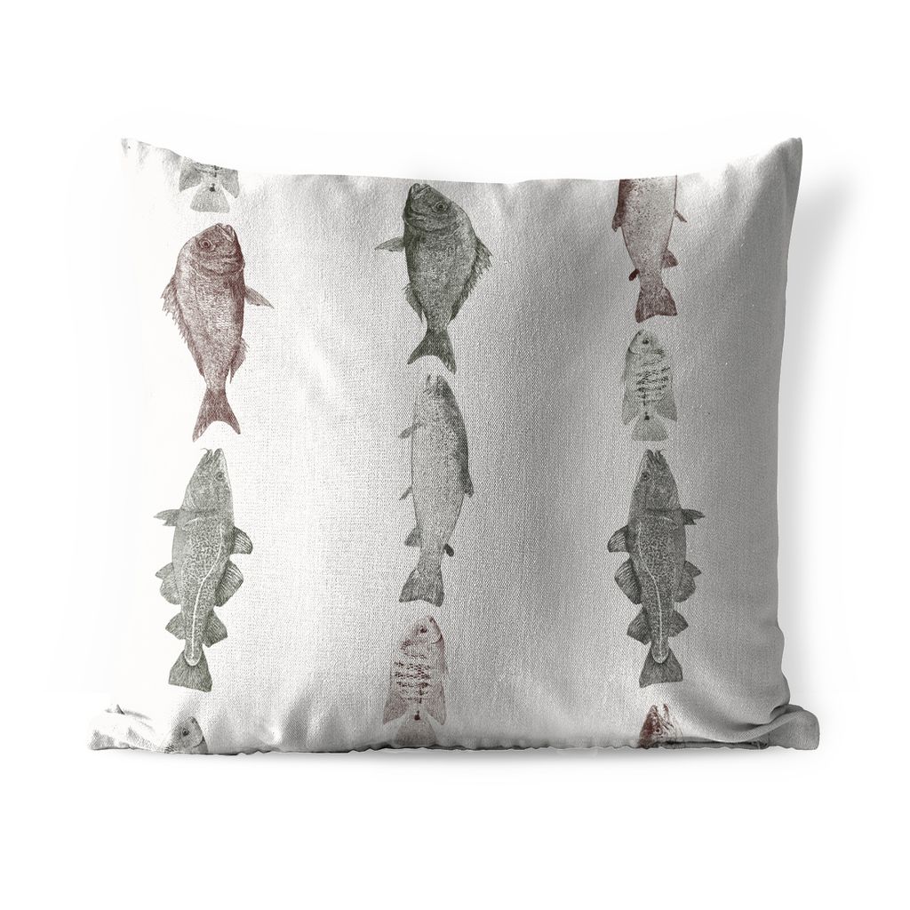 MuchoWow Outdoor Kissen - Vintage-Illustration einer Reihe von Fischen - 40x40 cm - Wetterfest - Lounge Kissen - Kopfkissen - Interieur - Polster...