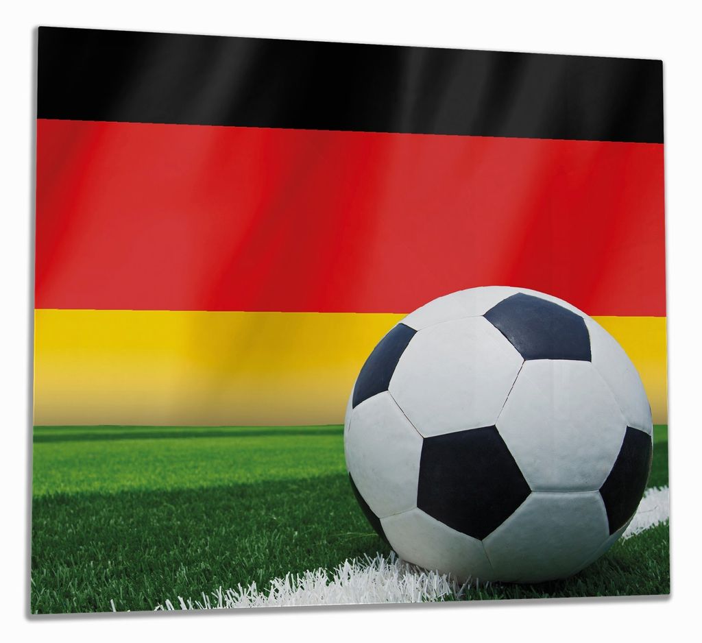 Wallario Herdabdeckplatte aus Glas, Größe 60 x 52 cm 1-teilig, Motiv Fußball vor einer Deutschlandflagge