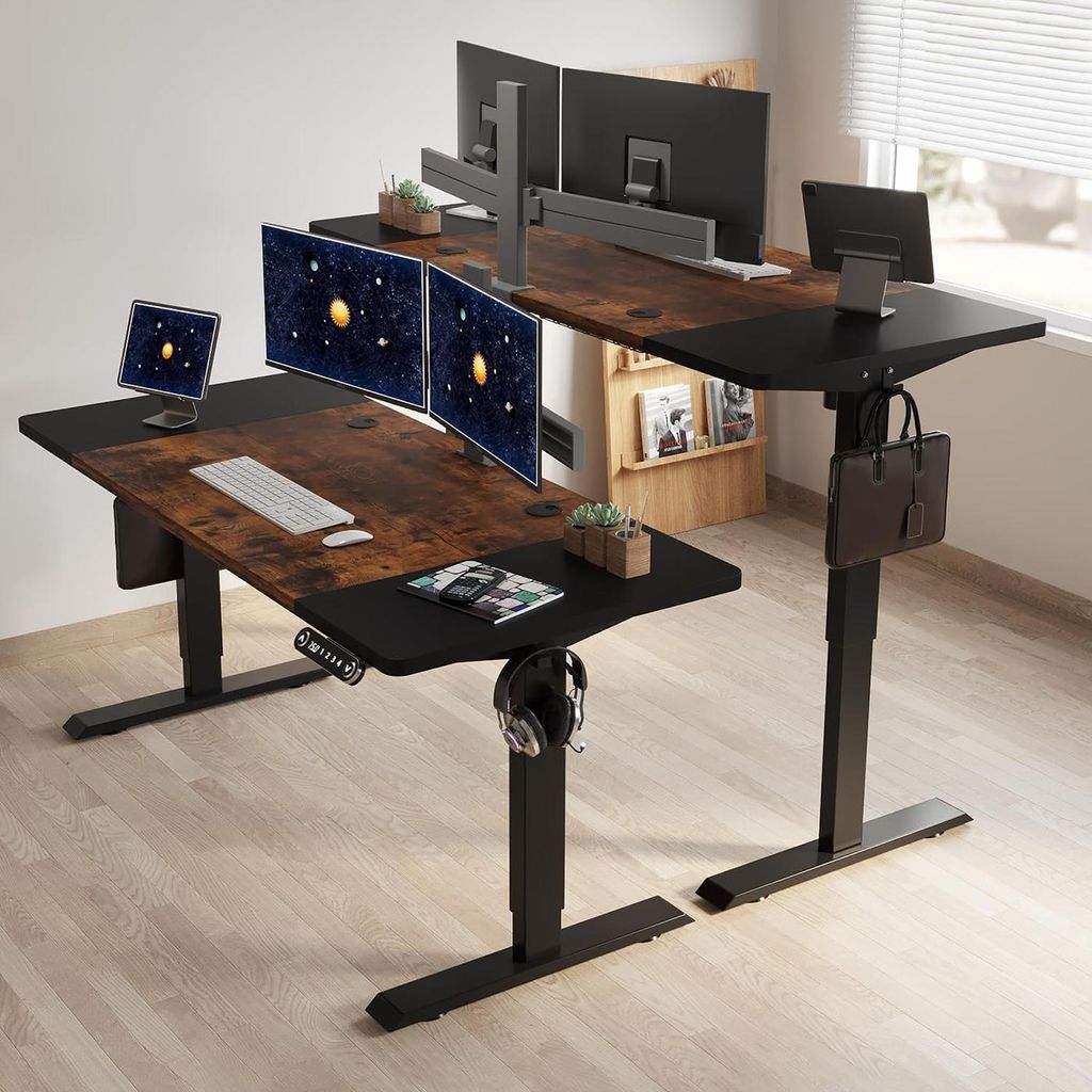 Hilodesk Höhenverstellbarer Schreibtisch Elektrisch - Sitz-Stehpult für Büro & Home-Office, Memory-Funktion mit 4 Höhen, Rollen, 160 x 76cm, Braun
