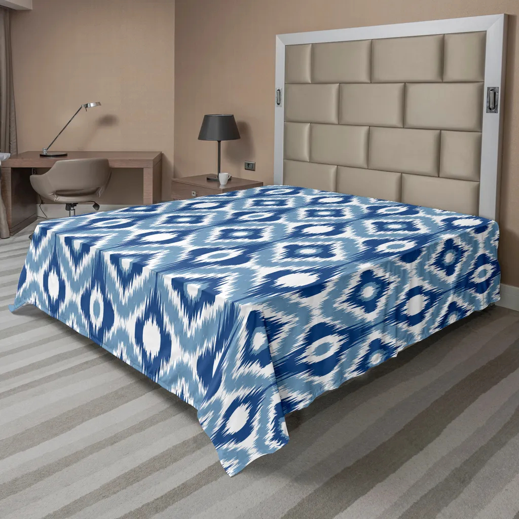 Drap plat ABAKUHAUS Ikat 260x228 cm en bleu et blanc pour grand lit
