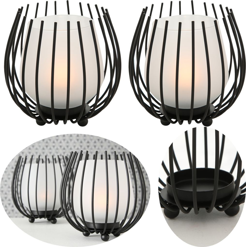 LS-LebenStil 2x Eisen Windlicht Gläser Schwarz Set Milch-Glas Teelichthalter Teelichtglas Windlichthalter Kerzenhalter Kerzenglas Kerzenständer