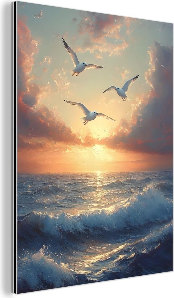 MuchoWow Wanddekoration Metall Metallbild Wandkunst 30x40 cm Möwen - Sonnenuntergang - Meer - Wolken MuchoWow Aluminium Gemälde - Bilder