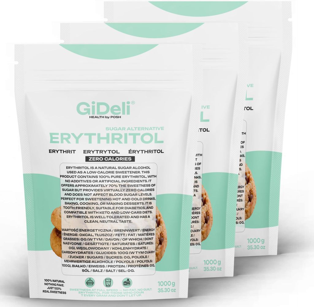 GiDeli Erythritol 3x1kg Doypack Zuckerersatz Natürlich Kalorienarm Premium Set