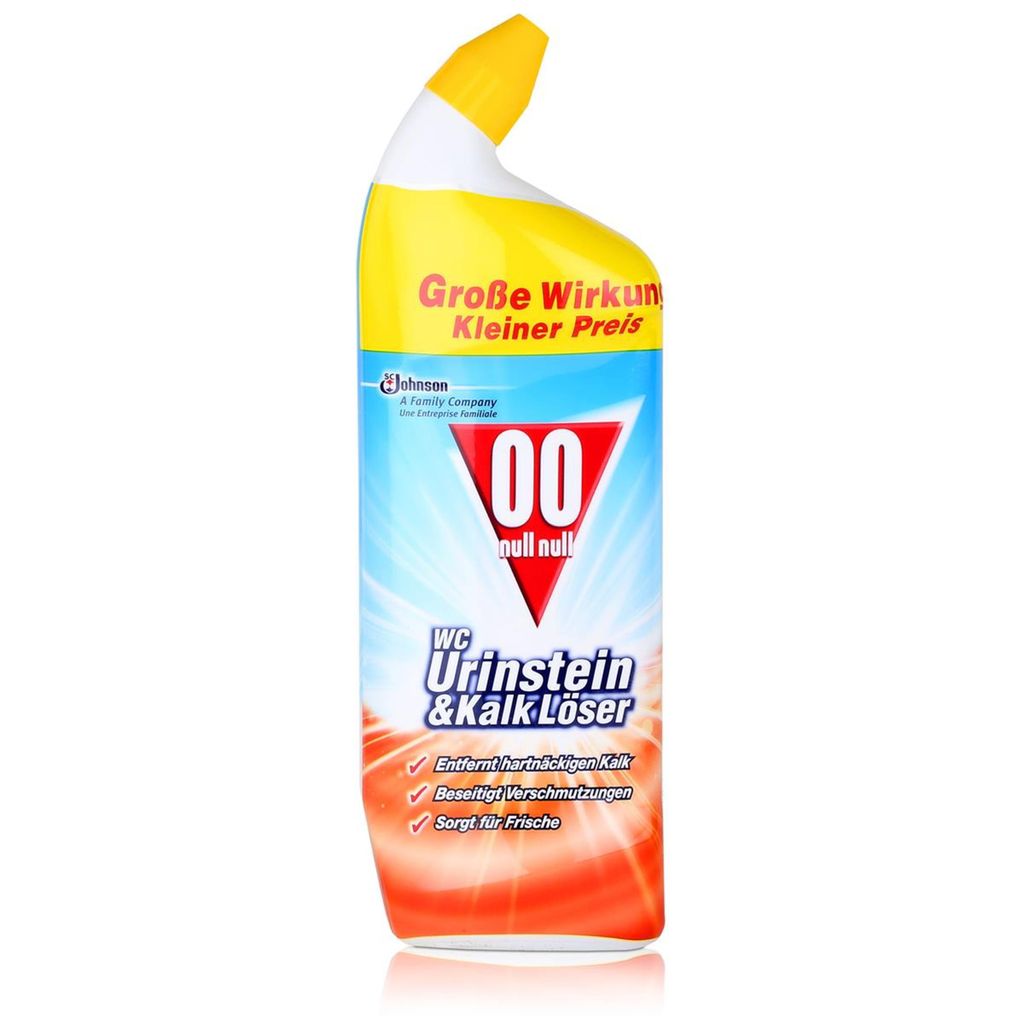 A bottle of toilet cleaner with a distinctive curved neck and yellow cap.