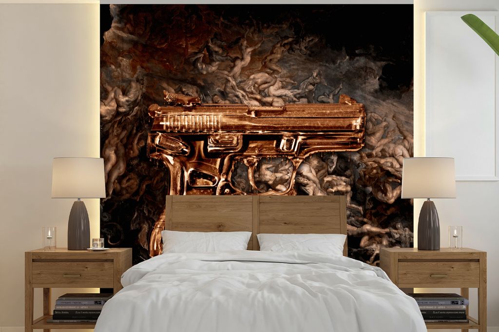 MuchoWow Fototapete für Wohnzimmer oder Schlafzimmer Wandtapete Vinyl Motivtapete Pistole - Gold - Schwarz - 300x300 cm - Wanddekoration