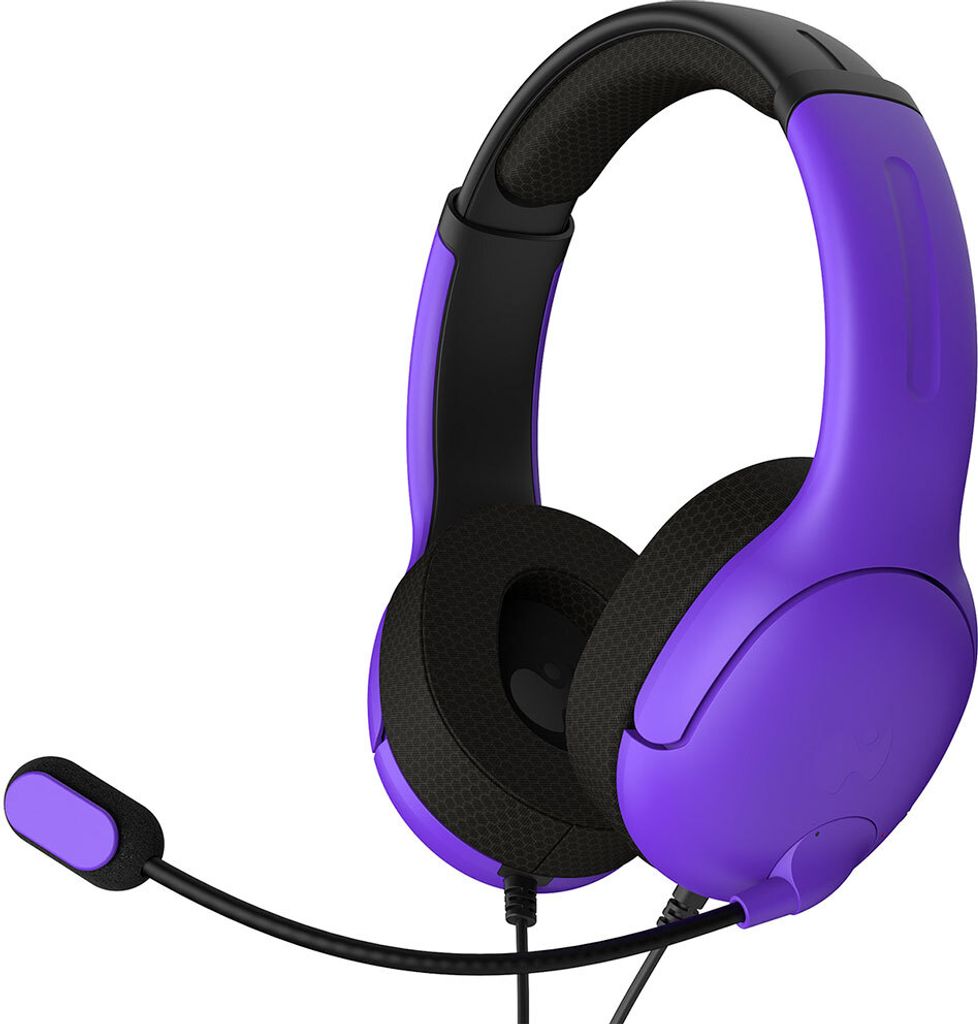 A purple and black gaming headset with a microphone is shown against a white background.