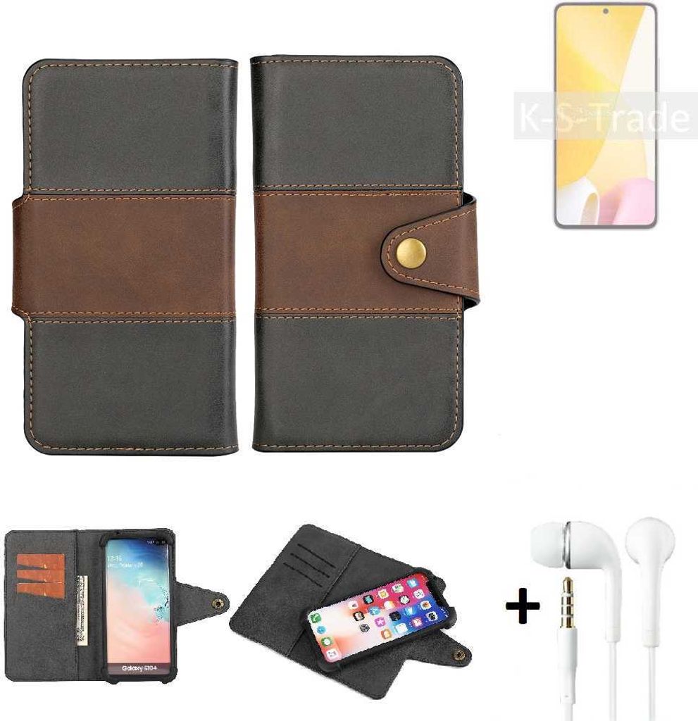 K-S-Trade Handyhülle Schutzhülle Bookstyle Wallet-Case kompatibel mit Xiaomi 12 Lite + earphones Bumper rundumschutz schwarz-braun 1x