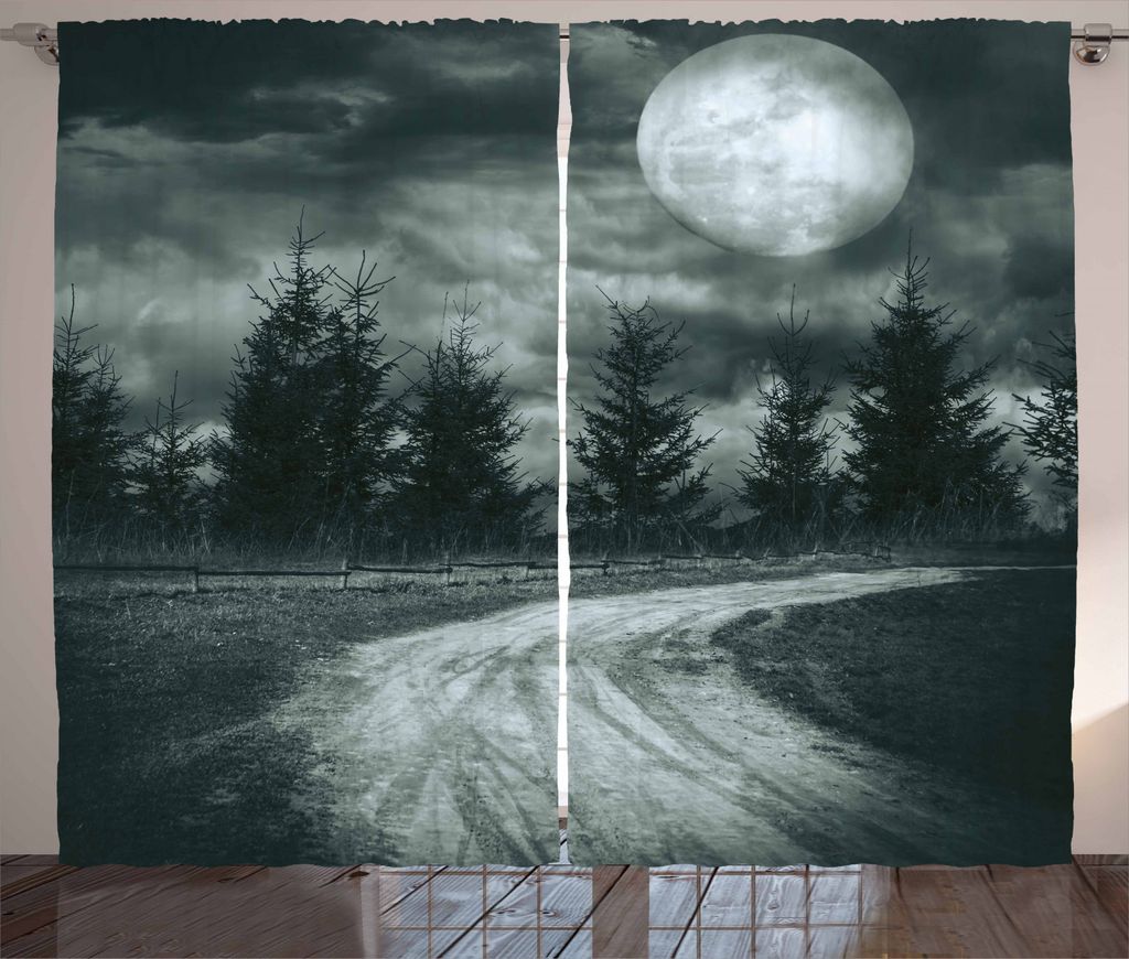 ABAKUHAUS Horror Haus Rustikaler Vorhang, moonrise-Landschaft, Wohnzimmer Universalband Gardinen mit Schlaufen und Haken, 280 x 245 cm, Grau