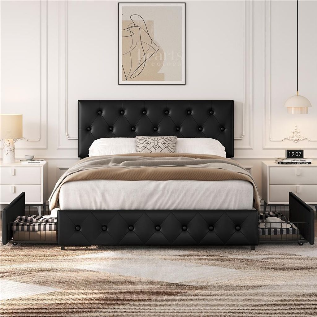 A black upholstered bed with tufted headboard and footboard, featuring two pull-out drawers on each side, set in a bedroom with nightstands and a framed artwork.