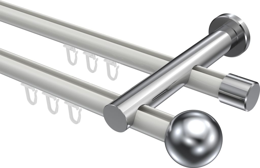 Interdeco Innenlaufstange / Gardinenstange mit Innenlauf Weiß / Chrom, Typ Platon Luino (Kugel), 20 mm Ø 2-läufig, 140 cm