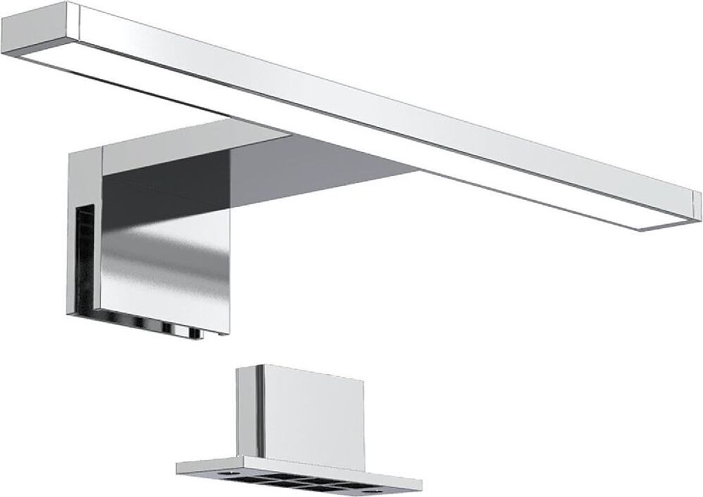 A modern, sleek LED light fixture with a chrome finish, shown with a separate mounting base.