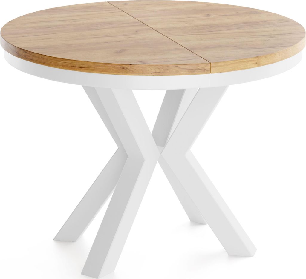 Runder Ausziehbarer Esstisch im Loft-Stil - Industrieller Tisch mit Weißen Metallbeinen - Platzsparender Tisch für Wohnzimmer - Craft Eiche - 120...