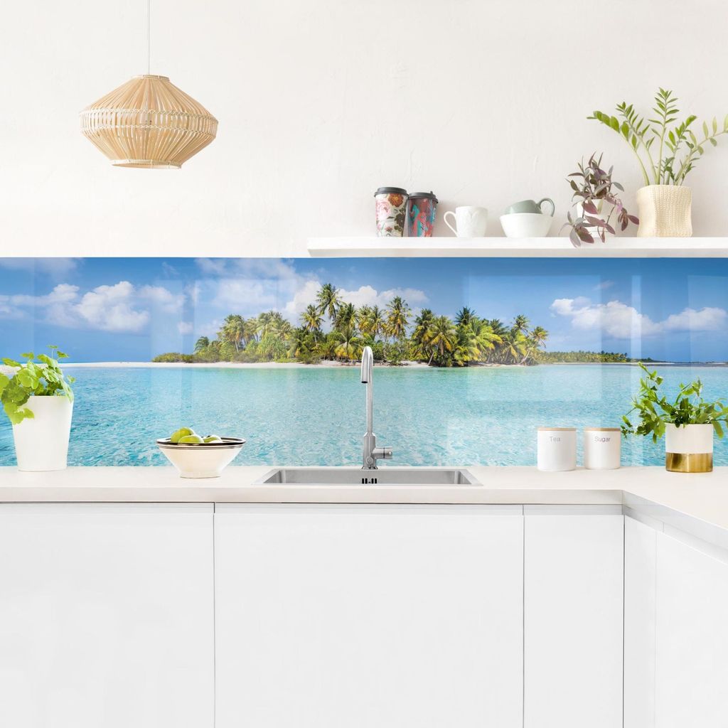 Küchenrückwand Strand selbstklebend - 0.35 mm Wandpaneel wasserfest Karibik türkis Tropisch Spritzschutz fugenlos