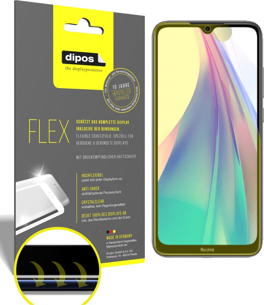 2x Schutzfolie für Xiaomi Redmi Note 8T Folie, 100% Displayabdeckung, dipos Flex