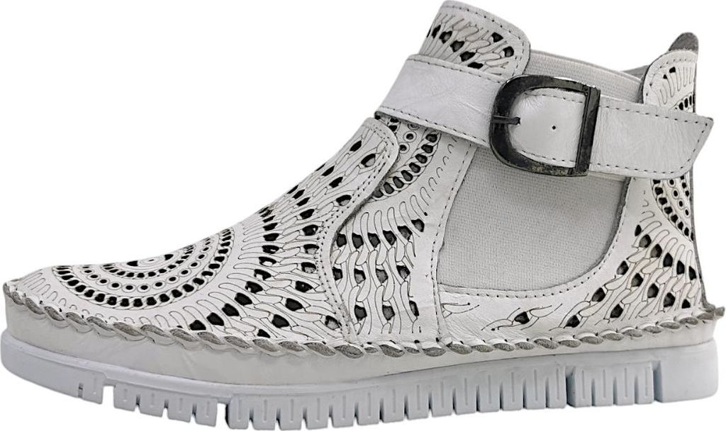 A single white ankle boot is shown from the side against a white background.