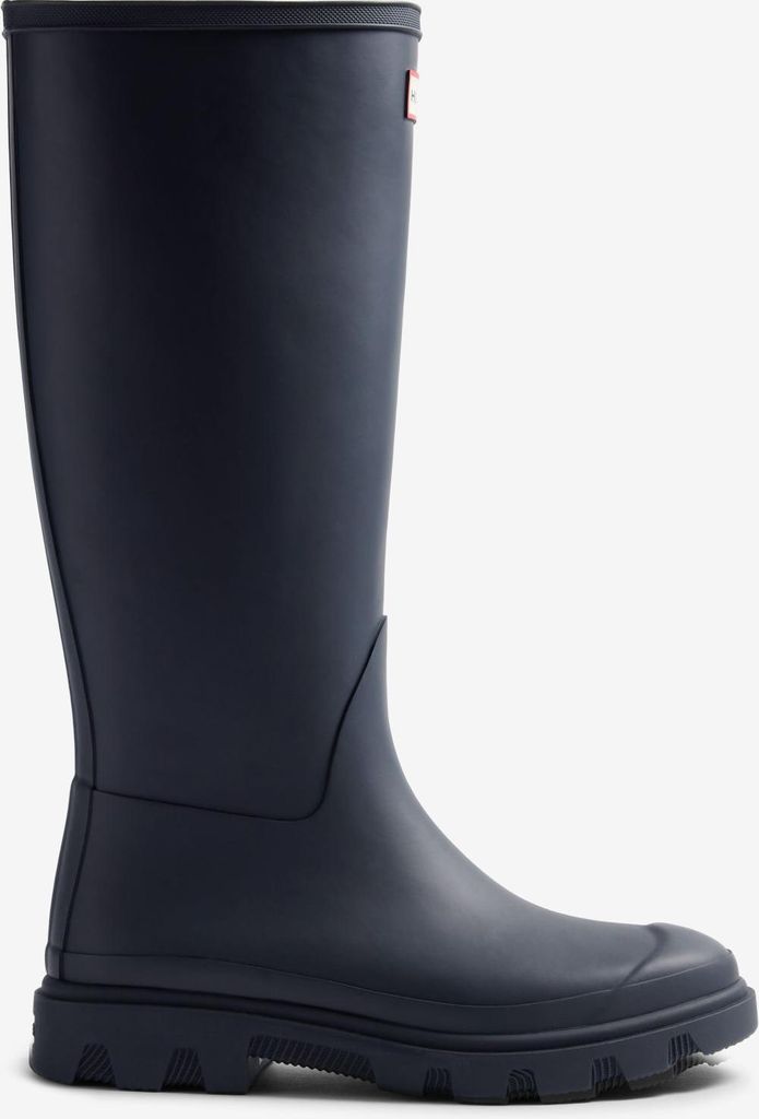 A navy blue Hunter rain boot is shown against a white background.
