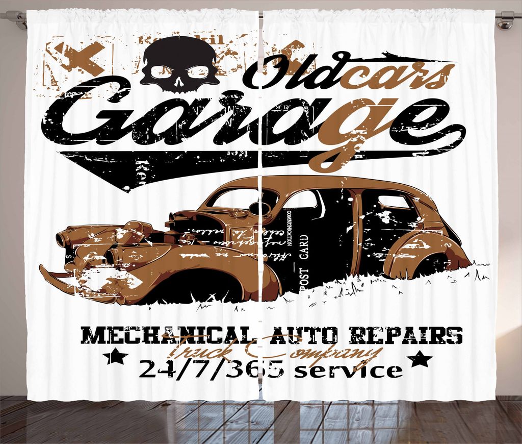 ABAKUHAUS Autos Rustikaler Vorhang, Old Garage Auto-Reparatur, Wohnzimmer Universalband Gardinen mit Schlaufen und Haken, 280 x 245 cm, Pale Brown ...