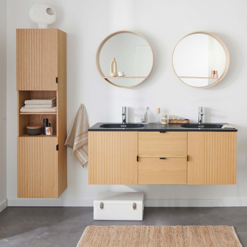 Hänge-Waschtisch 140cm Eiche, Armaturen, Spiegel & Hochschrank STUDIO
