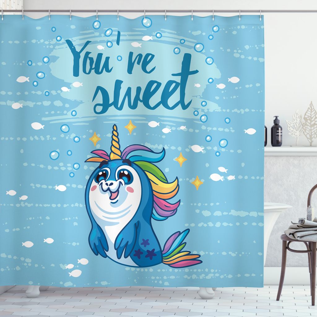 ABAKUHAUS Einhorn Duschvorhang, Pinguin und Meer, Wasser Blickdicht inkl.12 Ringe Langhaltig Bakterie und Schimmel Resistent, 175 x 240 cm, Blau