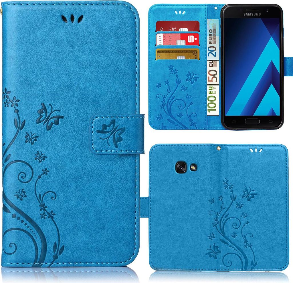 A blue flip case for a Samsung Galaxy A3 2017 phone, shown open and closed, with cards and currency inserted.