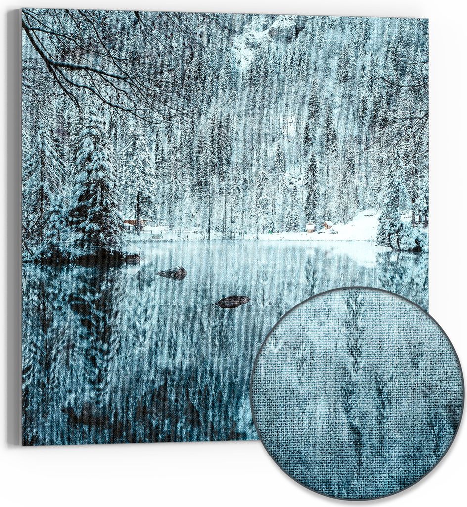 DEQORI Hybrid Leinwand Bild 50x50 cm 'Winterspiegelung' Wandbild Glas flach modern