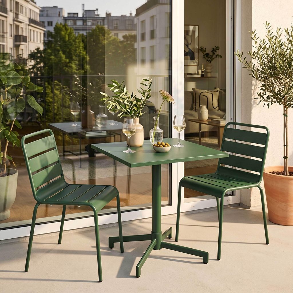 Set aus 70 cm Tisch und 2 Gartenstühlen aus Metall Waldgrün - Oviala Palavas