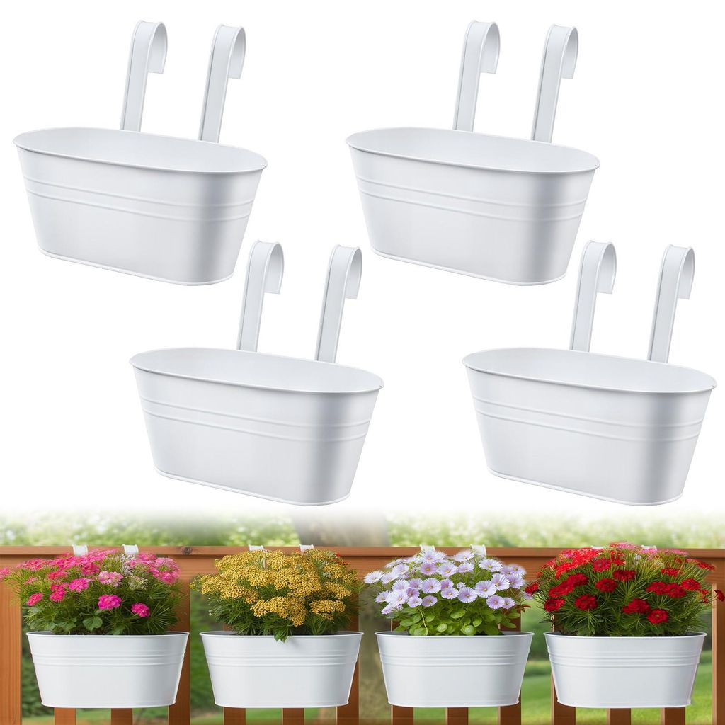 Metallene Hängeblumentöpfe, 4 Stück, 27,5 cm, mit 2 Abflusslöchern und abnehmbaren Haken, zum Aufhängen an Balkon, Garten, Zaun oder Geländer...