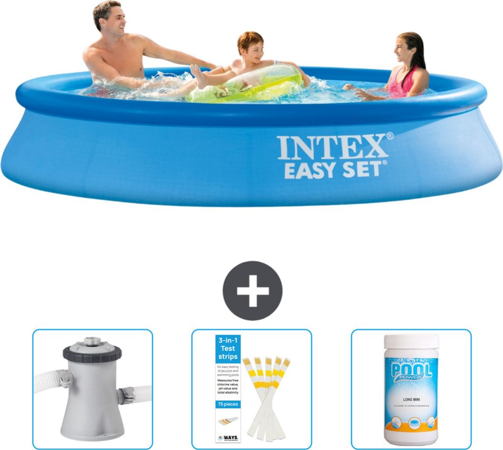 Intex runder aufblasbarer Easy Set-Pool – 305 x 61 cm – Blau – im Lieferumfang enthalten Filterpumpe für Schwimmbad - Teststreifen - Chlor