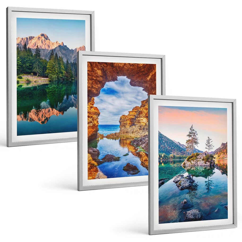 Bilder Set 3-teilig im silbergerahmten Rahmen – Wandbilder 3 Stück – gerahmte Poster für Wohnzimmer, Schlafzimmer und Flur – 40x60 cm – S...