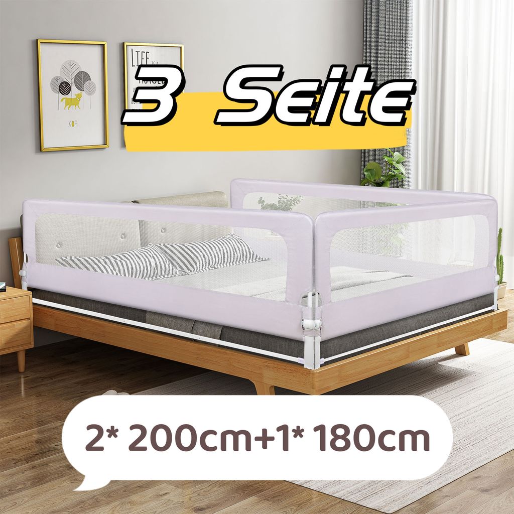 3 Seite 180cm Bettgitter Bettschutzgitter für Kleinkinder Babys und Kinder Höhenverstellbar 70cm hoch (Grau,200cm×2+180cm×1)