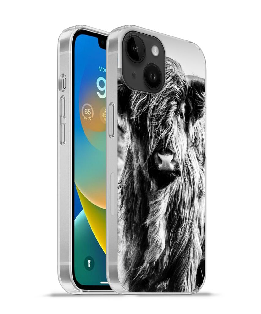 MuchoWow Handyhülle Schutzhülle Hülle für Apple iPhone 14 - Softcase Schottischer Highlander - Natur - Kuh - Schwarz - Weiß Silikon Softcase...