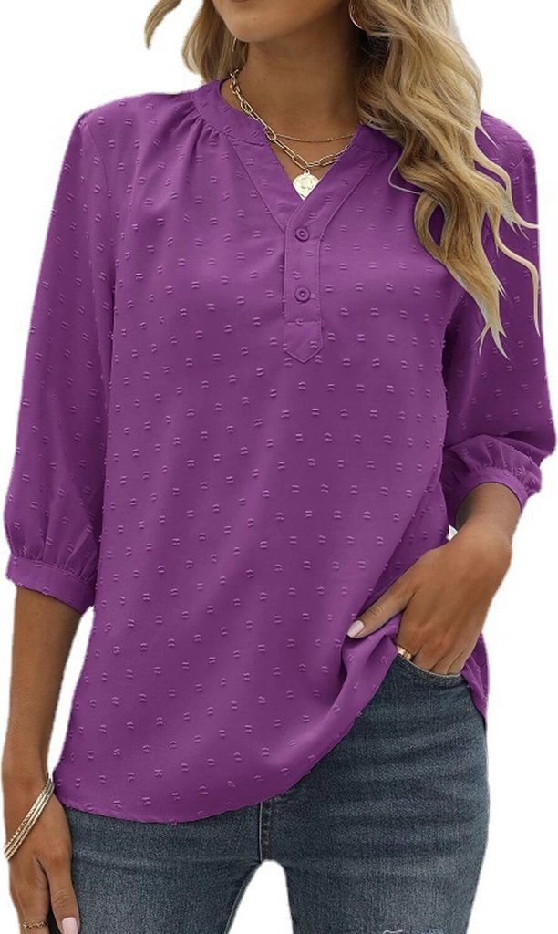 ASKSA Damen Swiss Dot Bluse 3/4 Ärmel Sommer Elegant T-Shirt V-Ausschnitt Tunika Einfarbig Chiffon Hemd, Dunkelviolett, S