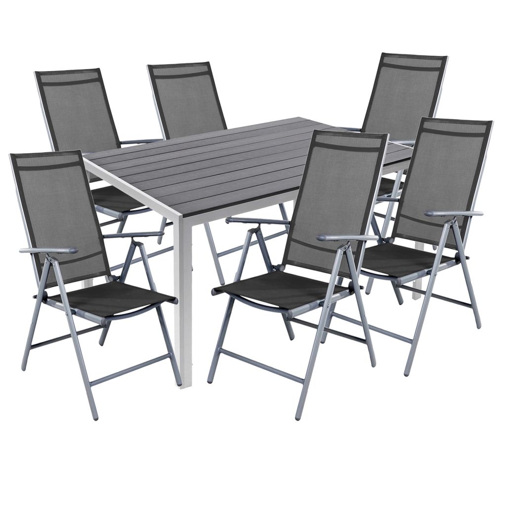 7 teilige Gartengarnitur Gartenmöbel Alu Silber Non-Wood 180x90cm + 6 Hochlehner mit Textilen