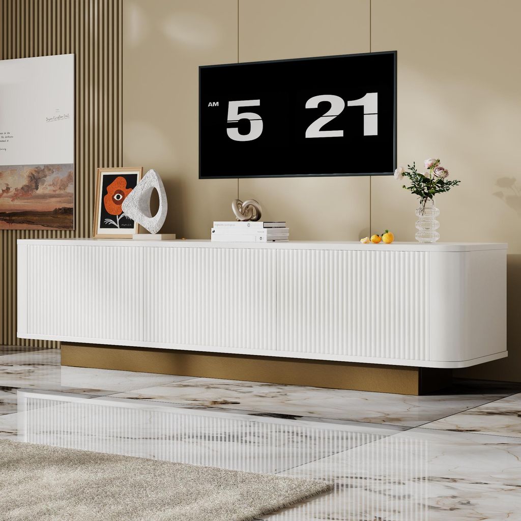 A modern living room with a white TV console and a large television displaying a digital clock.