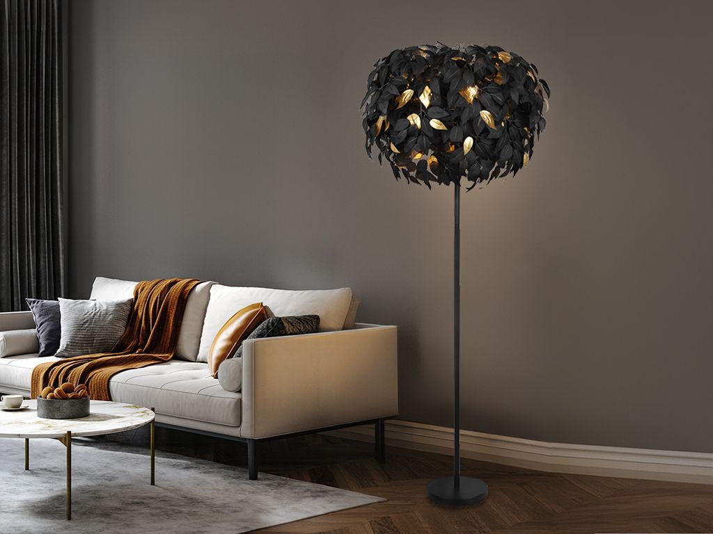 Große LED Stehleuchte 180cm fürs Wohnzimmer Blätter Lampenschirm Schwarz-Gold