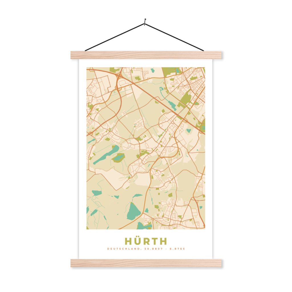 MuchoWow Textilposter Stadtplan - Hürth - Vintage - Stadtplan 60x90 cm mit holzfarbenen Rahmen - Textil
