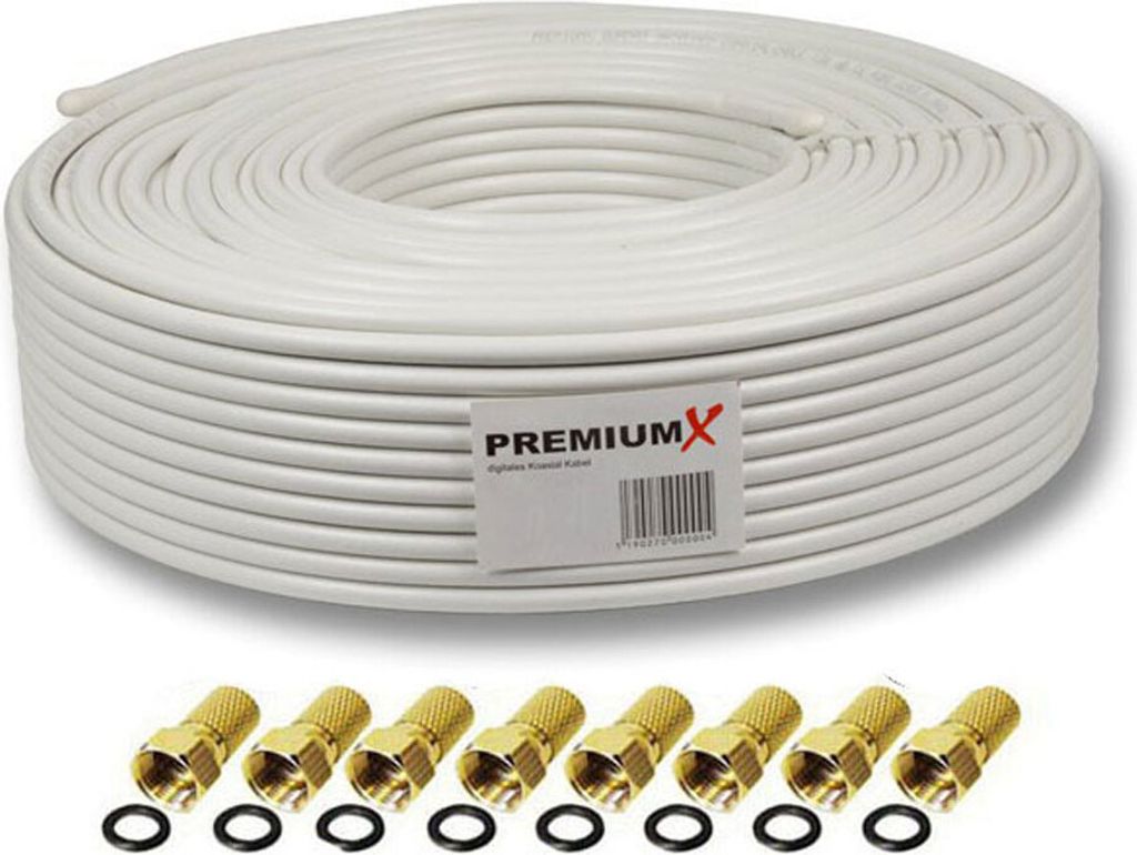 50 Meter Sat Koaxial Kabel 135 dB 5-fach geschirmt Kupfer-Stahl Innenleiter HDTV FULLHD 3D 8x F-Stecker