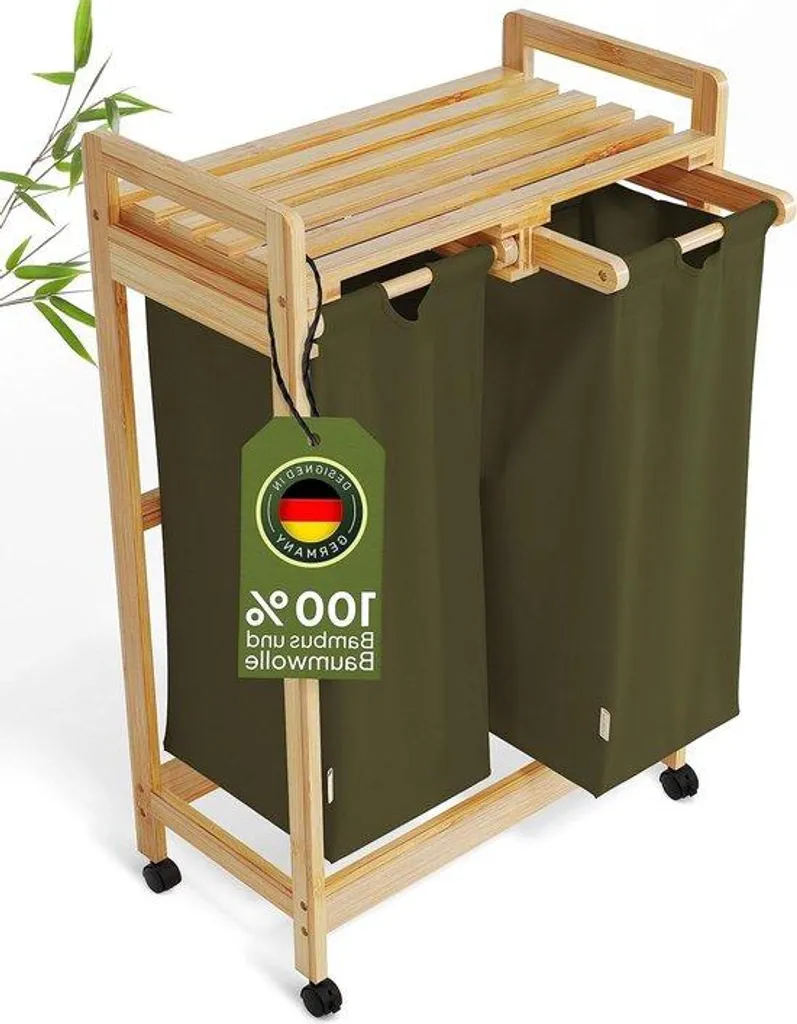 Panier à linge 60 litres mobile vert pour buanderie et salle de bain zen