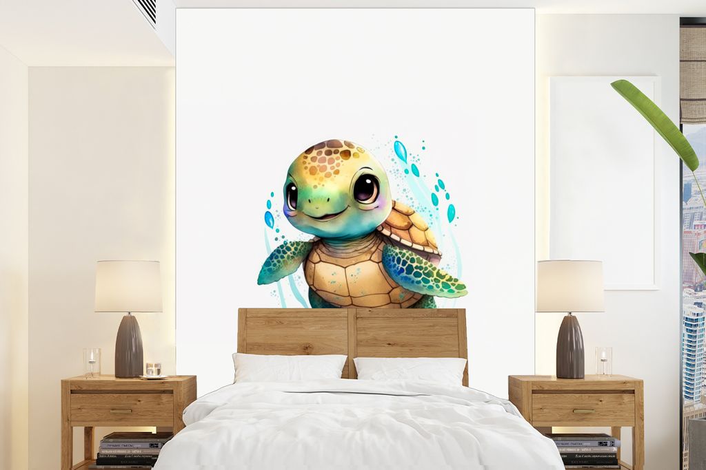 MuchoWow Fototapete für Wohnzimmer oder Schlafzimmer Wandtapete Vinyl Motivtapete Schildkröte - Wasserfarben - Tiere - Mädchen - Jungen - 160x...