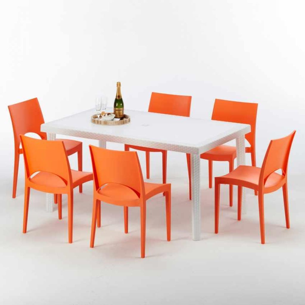 Weiß Rechteckig Tisch und 6 Stühle Farbiges Polypropylen-Außenmastenset Grand Soleil Paris Summerlife - Orange