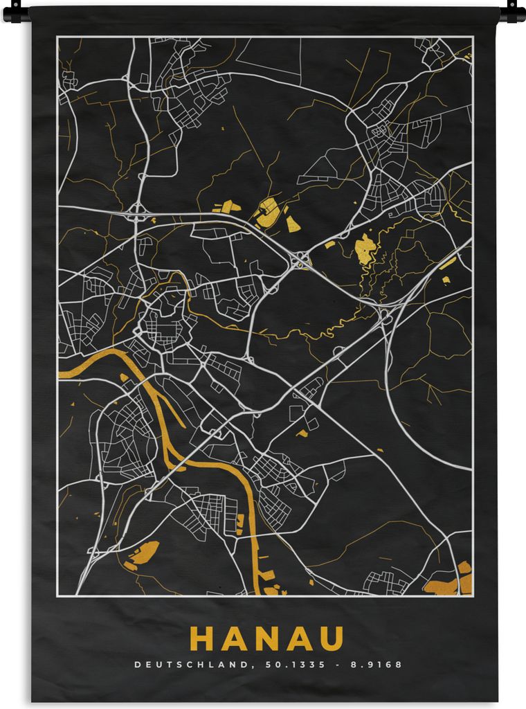 MuchoWow Wandteppich Wandbehang Hanau - Karte - Gold - Deutschland - Stadtplan 60x90 cm Tapisserie Dekoration Wandtuch - Foto-Teppich - Abwaschbar