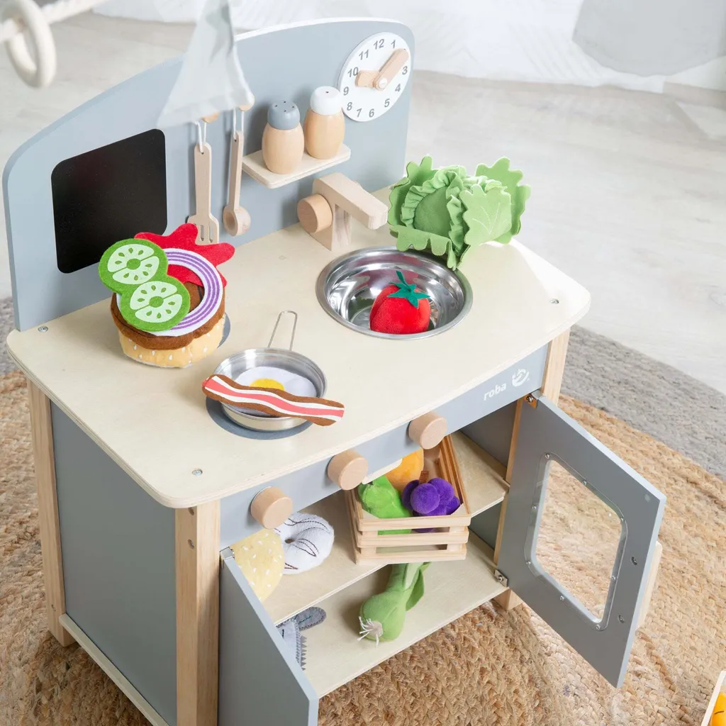 Kitchenette de jeu roba en bois avec plaques de cuisson et évier complet