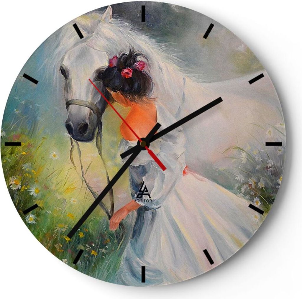 Wanduhr - Rund - Glasuhr - Frau Wiese Pferd - 40x40cm - Schleichendes Uhrwerk - Lautlos - zum Aufhängen bereit - Dekoration Modern - Wanddekoratio...